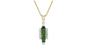 C. 1980 Vintage 2.35 Carat Green Tourmaline and 1.70 ct. t.w. Diamond Pendant Necklace in 14kt Yellow Gold