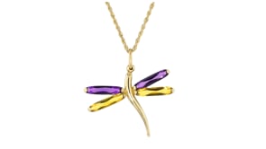 C. 1980 Vintage 2.00 ct. t.w. Amethyst and 2.00 ct. t.w. Citrine Dragonfly Pendant Necklace in 14kt Yellow Gold