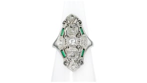 C. 1940 Vintage .22 ct. t.w. Diamond and Simulated Emerald Dinner Ring in 18kt White Gold