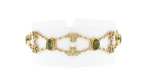 C. 1970 Vintage 5.25 ct. t.w. Peridot and 3mm Cultured Pearl Scroll Bracelet in 18kt Yellow Gold