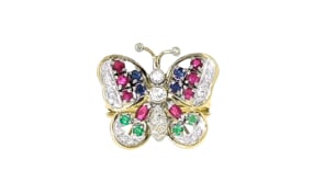 C. 1980 Vintage .93 ct. t.w. Multi-Gemstone and .20 ct. t.w. Diamond Butterfly Ring in 14kt Yellow Gold