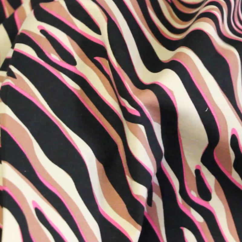 Vidéo: Jersey coton peigné & élasthanne – Zèbre noir, beige & fuchsia