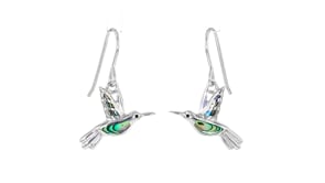 Abalone Shell Hummingbird Drop Earrings with Black Enamel in Sterling Silver