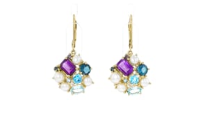 4-5mm Cultured Pearl and 4.71 ct. t.w. Multi-Gemstone Drop Earrings in 18kt Gold Over Sterling