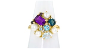 4-5mm Cultured Pearl and 2.20 ct. t.w. Multi-Gemstone Cluster Ring in 18kt Gold Over Sterling