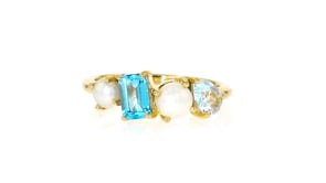 4-5mm Cultured Pearl and .90 ct. t.w. Swiss and Sky Blue Topaz Ring in 18kt Gold Over Sterling