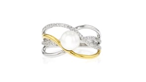 6.5-7mm Cultured Pearl Highway Ring with .16 ct. t.w. Diamonds in Sterling Silver and 18kt Gold Over Sterling