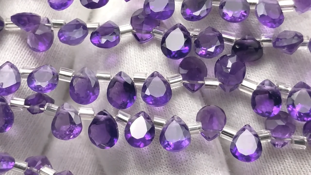 動画】宝石質アメジストAAA ペアシェイプ ファセットカット5×4mm 1連