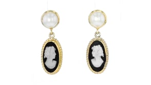 Italian 7.5-8mm Cultured Pearl and Porcelain Cameo Drop Earrings in 18kt Gold Over Sterling