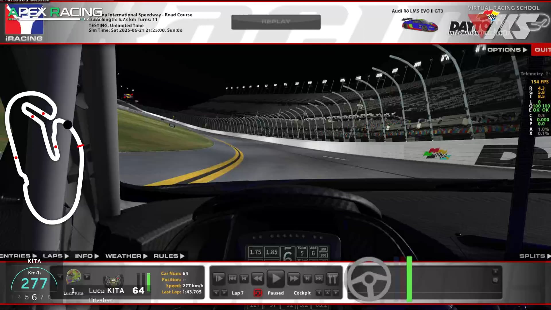 Apex Racing Academy 25S3 GT Sprint Daytona Road Course Audi R8 Cockpit