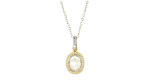 5.5-6mm Cultured Pearl Pendant Necklace with Single Diamond in 18kt Gold Over Sterling