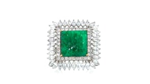 7.00 Carat Emerald Ring with 3.20 ct. t.w. White Sapphires and .56 ct. t.w. Diamonds in 18kt White Gold