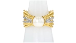 7.5-8mm Cultured Pearl Multi-Row Ring with .11 ct. t.w. Diamonds in 18kt Gold Over Sterling
