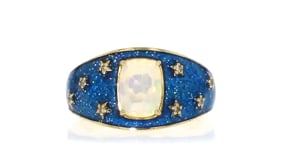 Opal Celestial Ring with Diamonds and Blue Glitter Enamel in 18kt Gold Over Sterling