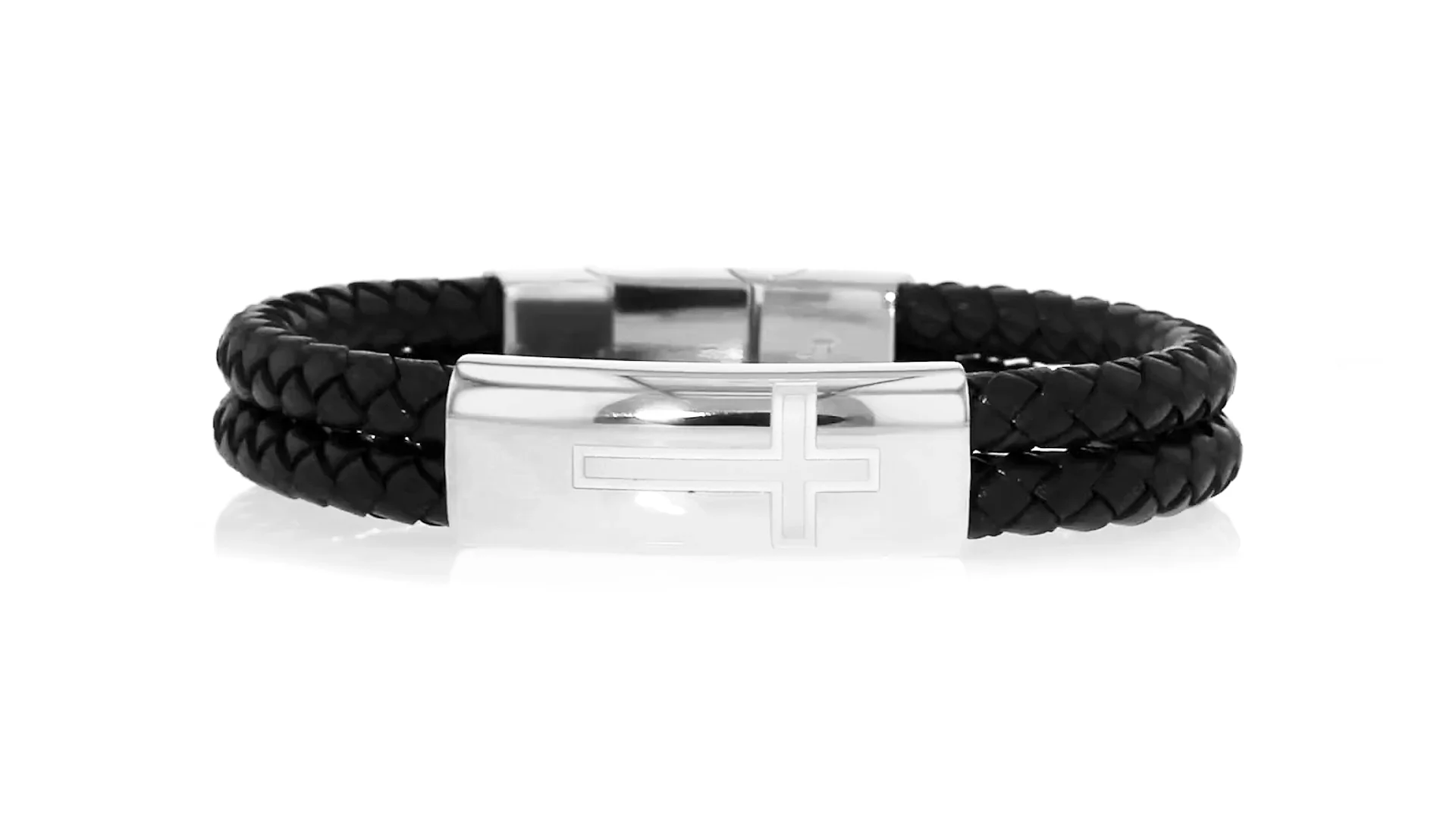 Men's Stainless Steel Cross Bracelet with Black Leather. 8&quot