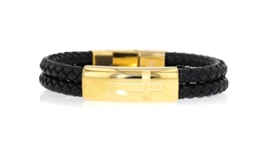 Mens Yellow Stainless Steel Cross Bracelet with Black Leather