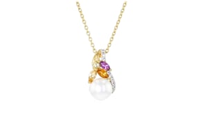 6.5-7mm Cultured Pearl and .30 ct. t.w. Multi-Gemstone Pendant Necklace in 18kt Gold Over Sterling
