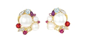 4-9mm Cultured Pearl and 1.08 ct. t.w. Multi-Gemstone Earrings in 18kt Gold Over Sterling