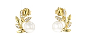 6.5-7mm Cultured Pearl Leaf Earrings with .10 ct. t.w. White Zircons in 18kt Gold Over Sterling