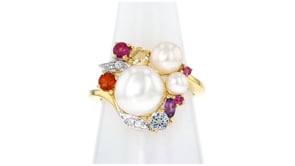 4-9mm Cultured Pearl and .62 ct. t.w. Multi-Gemstone Ring in 18kt Gold Over Sterling