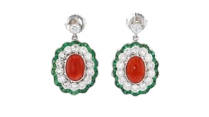 C. 1990 Vintage Coral, 1.25 ct. t.w. Tsavorite and 1.50 ct. t.w. Diamond Drop Earrings in 18kt White Gold