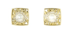 C. 1980 Vintage 9.5mm Cultured Pearl and 1.00 ct. t.w. Diamond Square Earrings in 18kt Yellow Gold