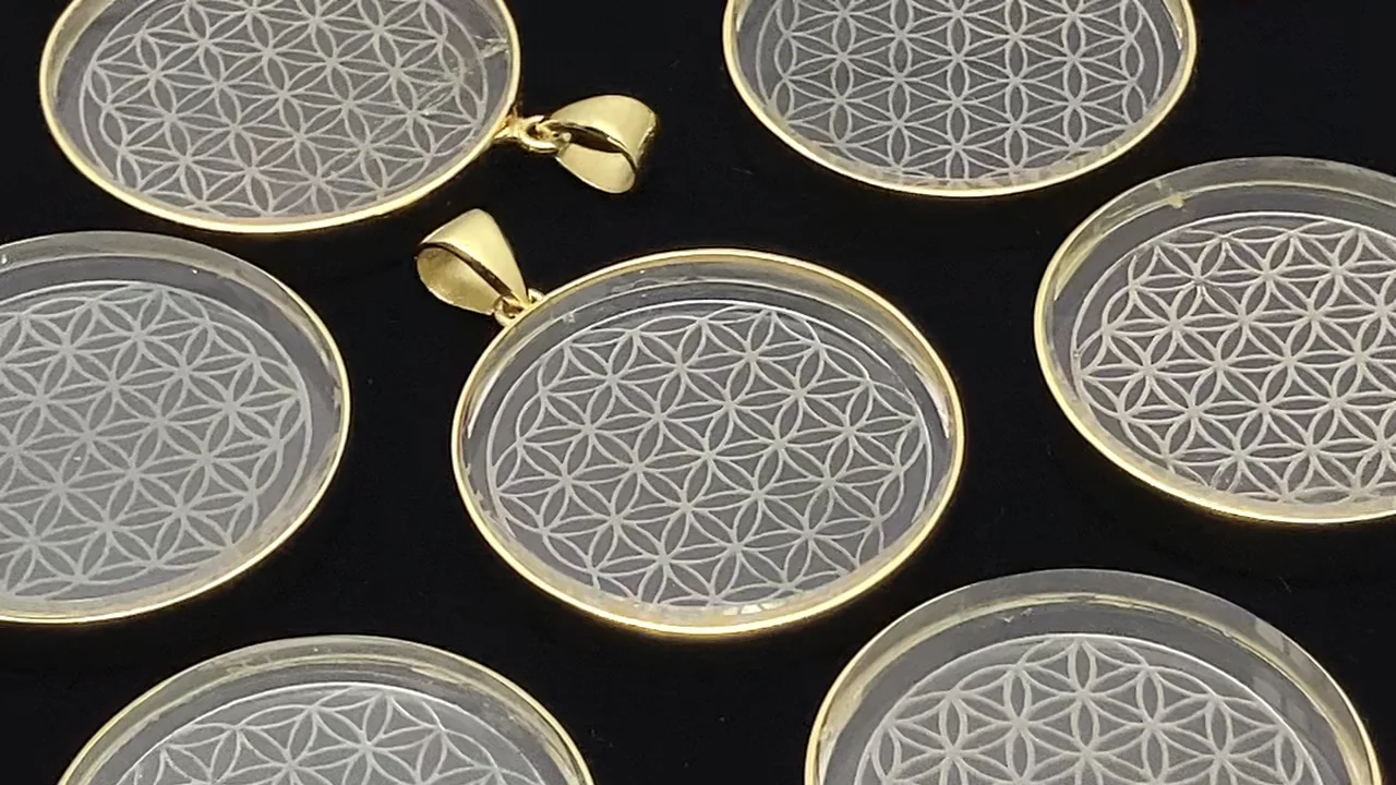 クリスタル フラワーオブライフ デザイン入りコイン型ペンダントトップ