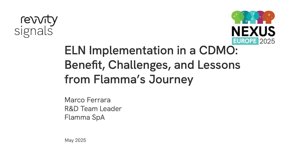 Watch NEXUS Europe 2025 - Day 1 - ELN Implementation in a CDMO:  Benefit, Challenges and Lessons from Flamma's Journey on Vimeo.