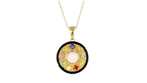 Opal and 1.20 ct. t.w. Multicolored Sapphire Circle Pendant Necklace with Black Enamel in 18kt Gold Over Sterling