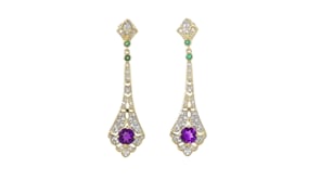 1.00 ct. t.w. Amethyst and .30 ct. t.w. White Zircon Drop Earrings with .20 ct. t.w. Emeralds in 18kt Gold Over Sterling