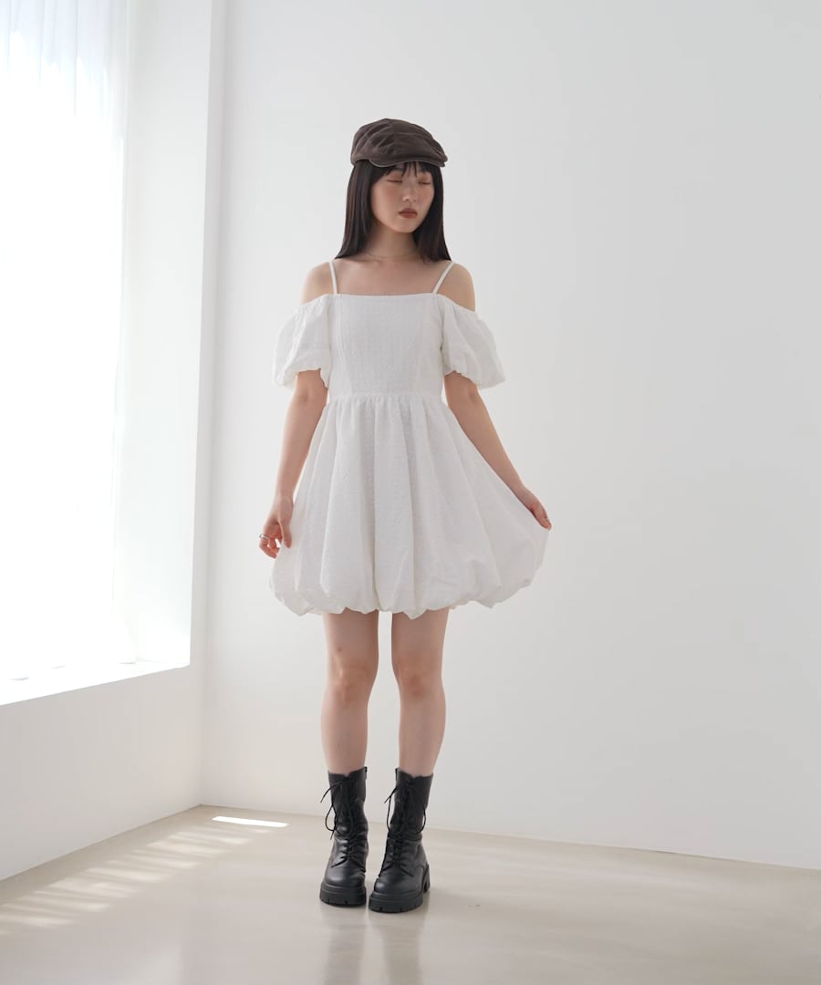 マリークワント EATME 水色オフショルダーミニワンピース M me eme／Off shoulder pleate knit mini one piece(eme10483
