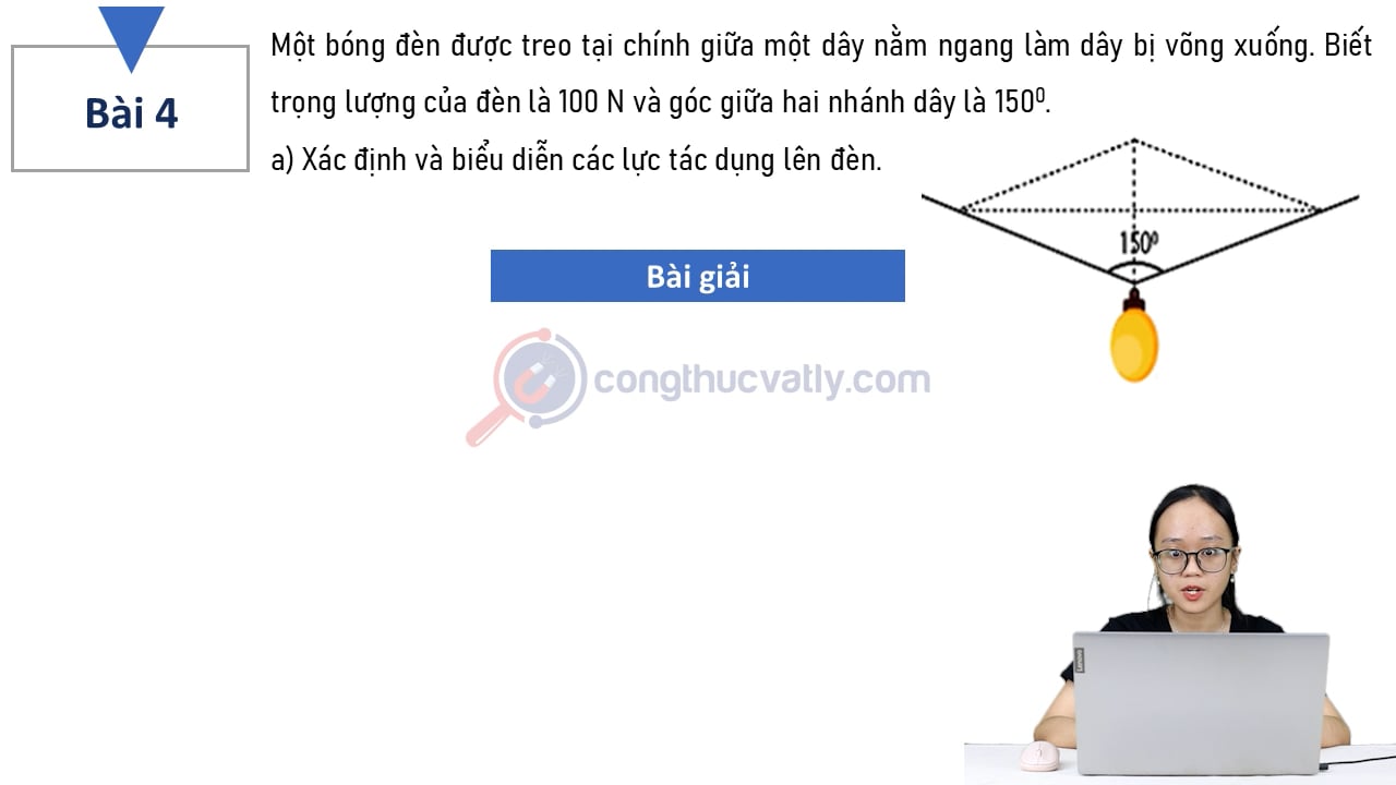 Một bóng đèn được treo tại chính giữa một sợi dây nằm ngang làm dây bị võng xuống