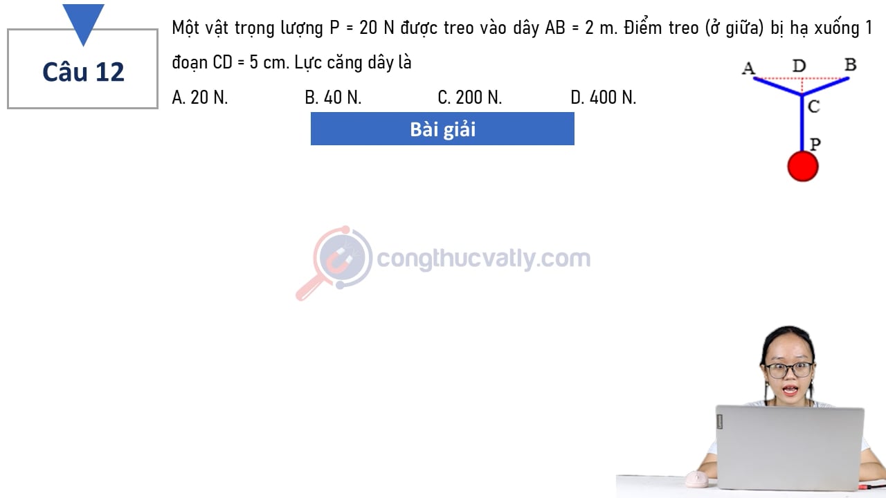 Một vật trọng lượng P = 20 N được treo vào dây AB = 2 m.
