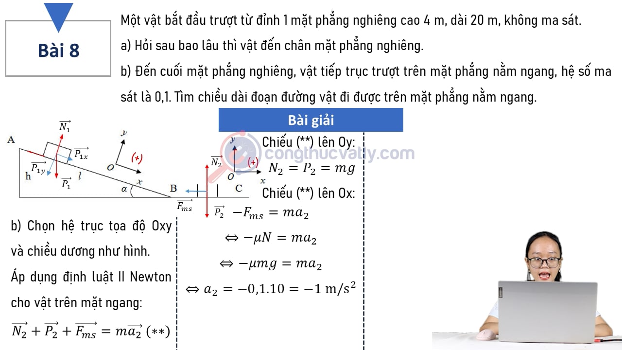 Một vật bắt đầu trượt từ đỉnh 1 mặt phẳng nghiêng cao 4 m, dài 20 m, không ma sát.