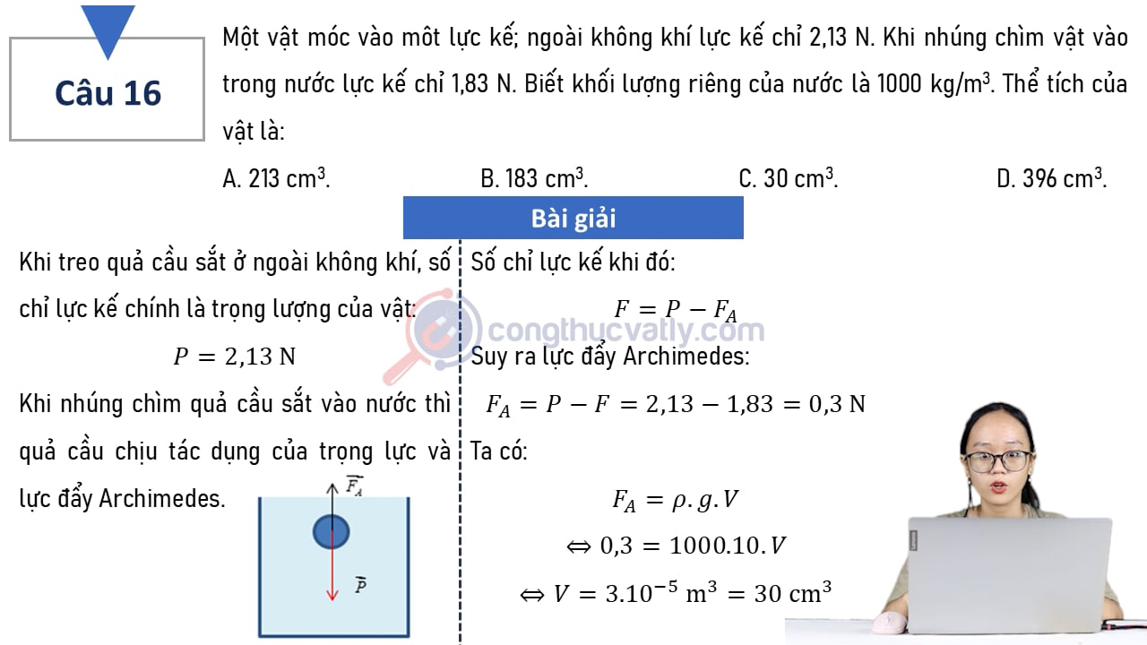 Một vật móc vào một lực kế; ngoài không khí lực kế chỉ 2,13 N. Khi nhúng chìm vật vào trong nước lực kế chỉ 1,83 N.