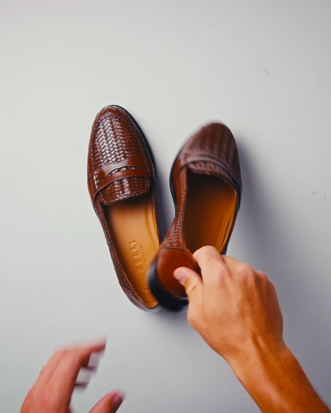 Zelli Nicola Woven Calfskin Penny Loafers Cognac