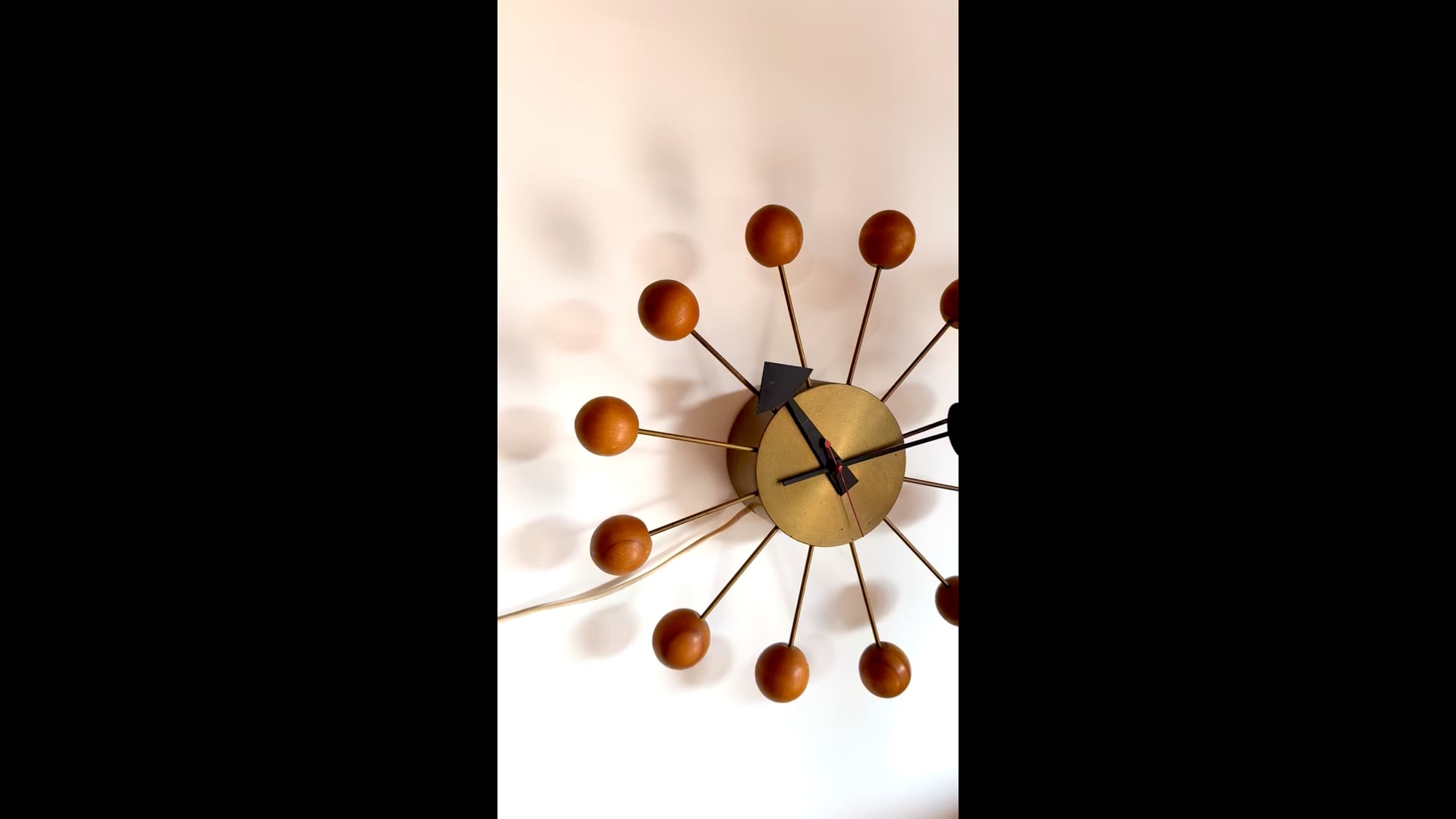 George Nelson Original Vintage Brass and Wood Ball Wall Clock For