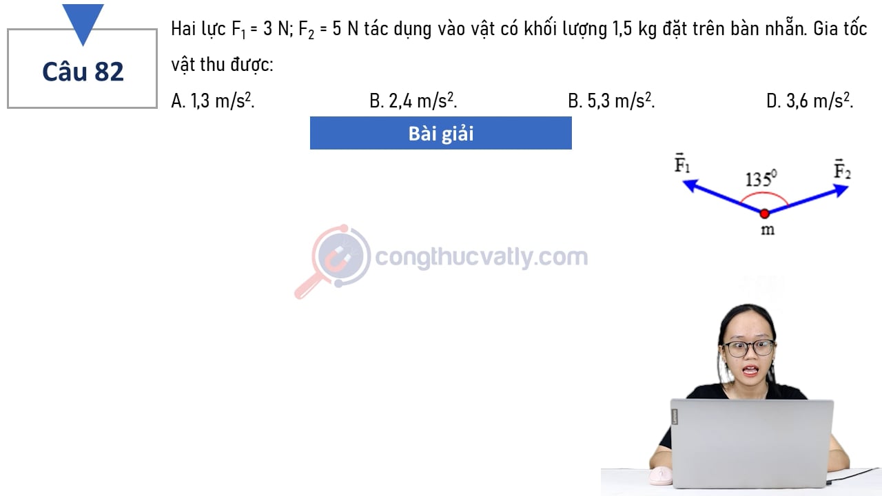 Hai lực F1 = 3 N, F2 = 5 N tác dụng vào vật có khối lượng 1,5 kg đặt trên bàn nhẵn.