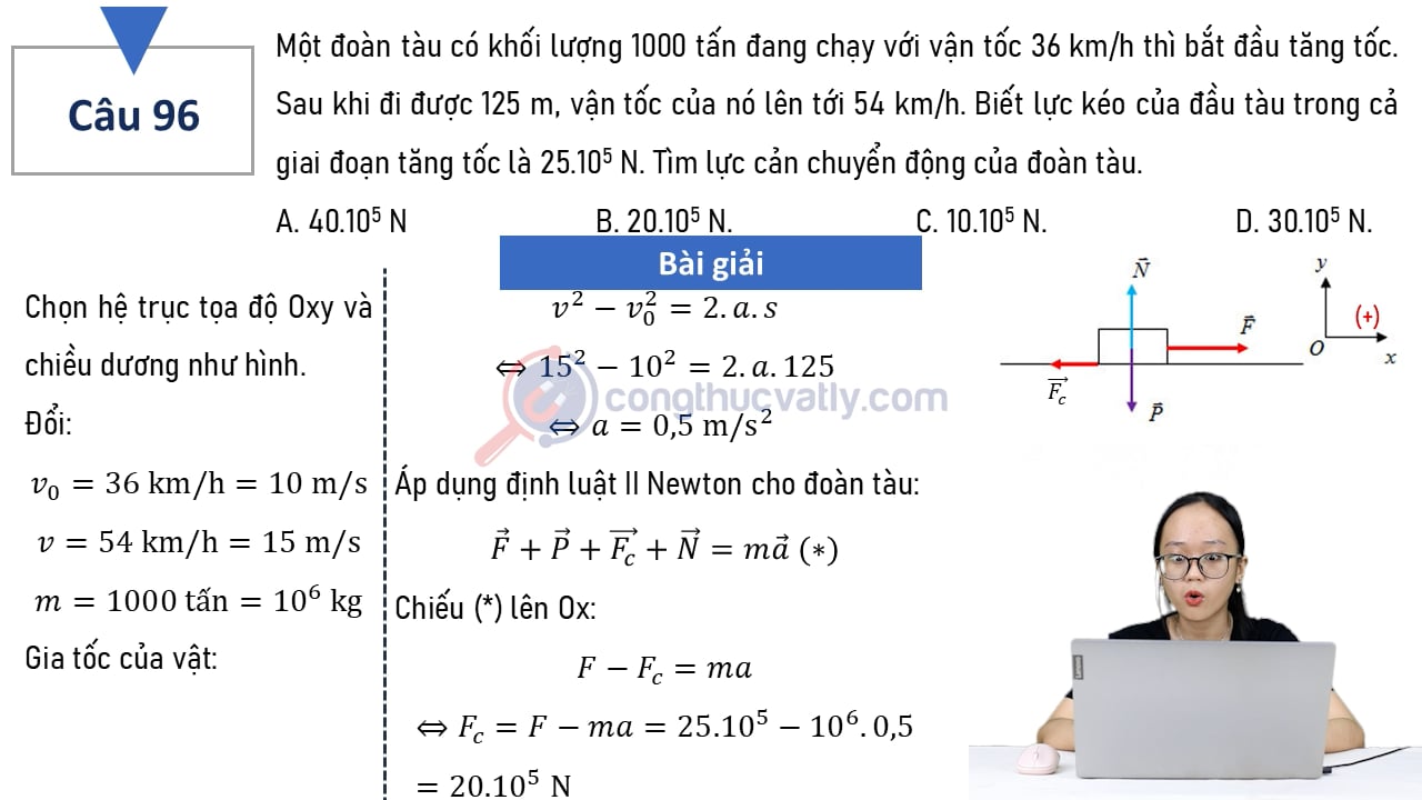 Một đoàn tàu có khối lượng 1000 tấn đang chạy với vận tốc 36 km/h thì bắt đầu tăng tốc. Sau khi đi được 125m, vận tốc của nó tăng lên tới 54 km/h.