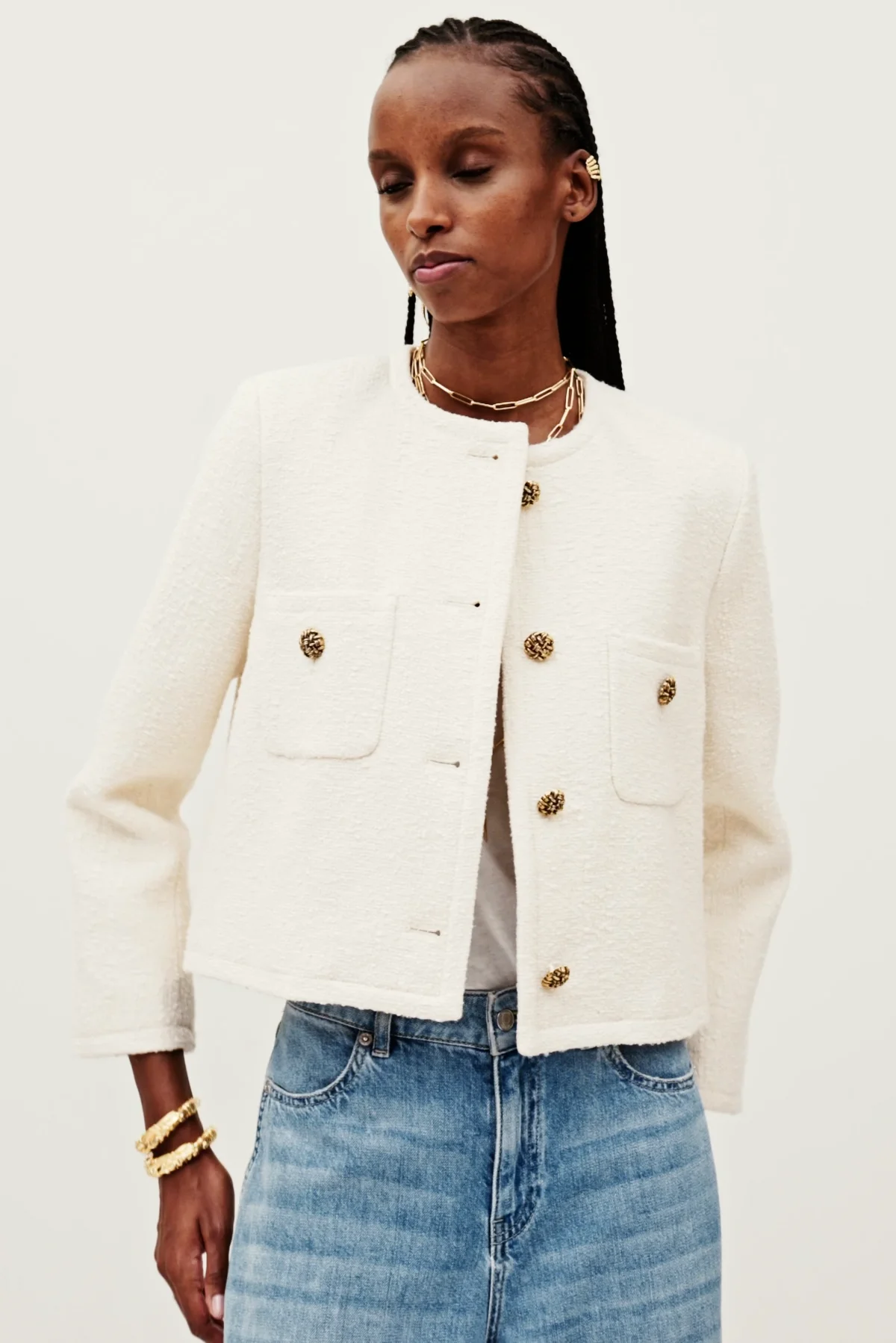【I AM MARI】Soebe Square Double Short Jacket Short tweed jacket White for Women | Maje