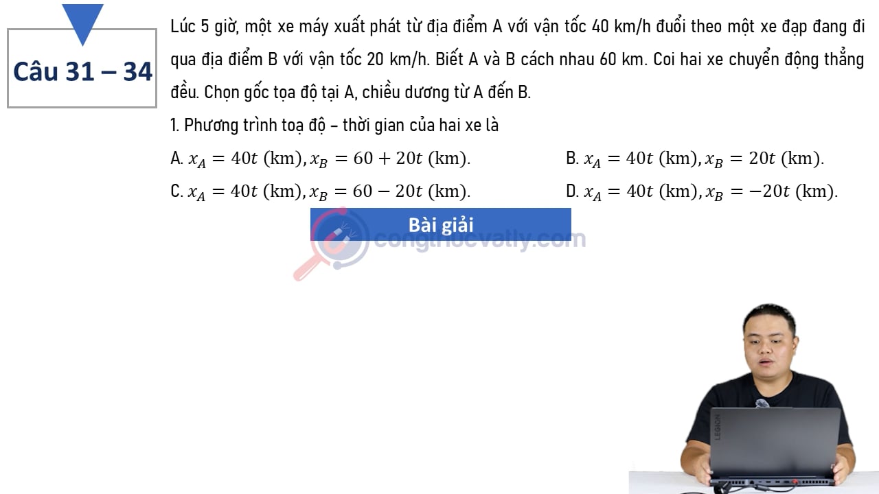 Lúc 5 giờ, một xe máy xuất phát từ địa điểm A với vận tốc 40 km/h đuổi theo một xe đạp đang đi qua địa điểm B với vận tốc 20 km/h.