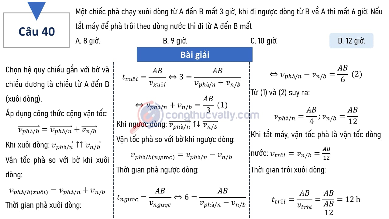 Một chiếc phà chạy xuôi dòng từ A đến B mất 3 giờ, khi đi ngược dòng từ B về A thì mất 6 giờ.