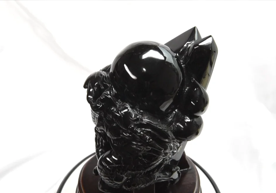 チベット産モリオン『龍』彫刻置物 175x120x110mm #RE524 - プレミアム