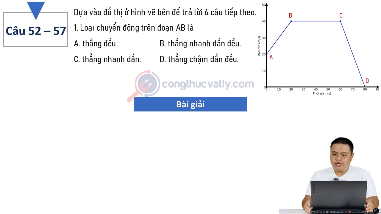 Dựa vào đồ thị ở hình vẽ bên để trả lời 6 câu tiếp theo. Loại chuyển động trên đoạn AB là? Loại chuyển động trên đoạn BC là? Loại chuyển động trên đoạn CD là? Gia tốc trên mỗi đoạn là?
