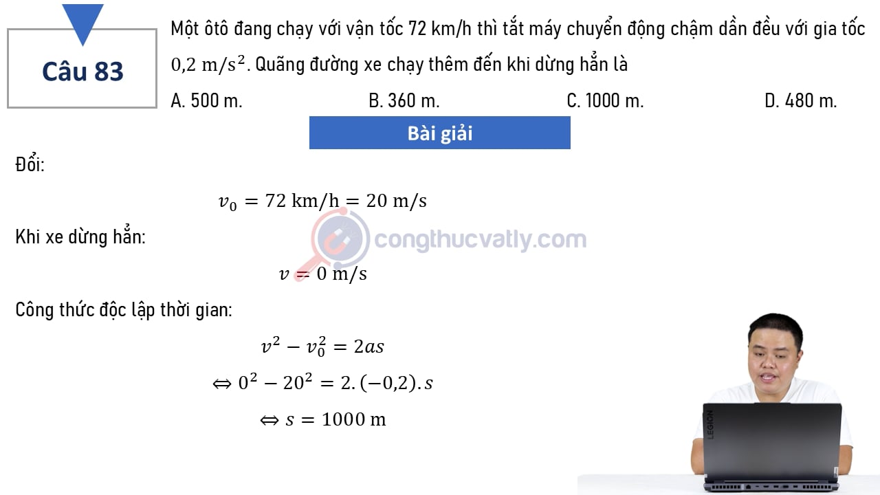 Một ôtô đang chạy với vận tốc 72 km/h thì tắt máy chuyển động chậm dần đều với gia tốc 0,2 m/s^2. Quãng đường xe chạy thêm đến khi dừng hẳn là?
