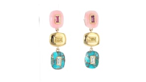 Pink Opal, Turquoise and .80 ct. t.w. Multi-Gemstone Overlay Drop Earrings in 18kt Gold Over Sterling