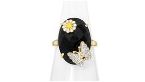Onyx and .20 ct. t.w. White Zircon Butterfly and Flower Ring with Single Black Spinel in 18kt Gold Over Sterling