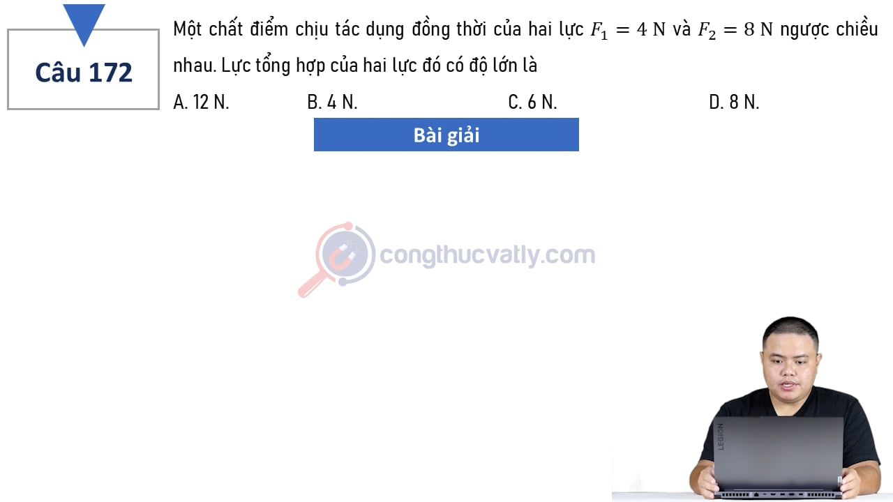Một chất điểm chịu tác dụng đồng thời của hai lực F1 = 4 N và F2 = 8 N ngược chiều nhau. Lực tổng hợp của hai lực đó có độ lớn
