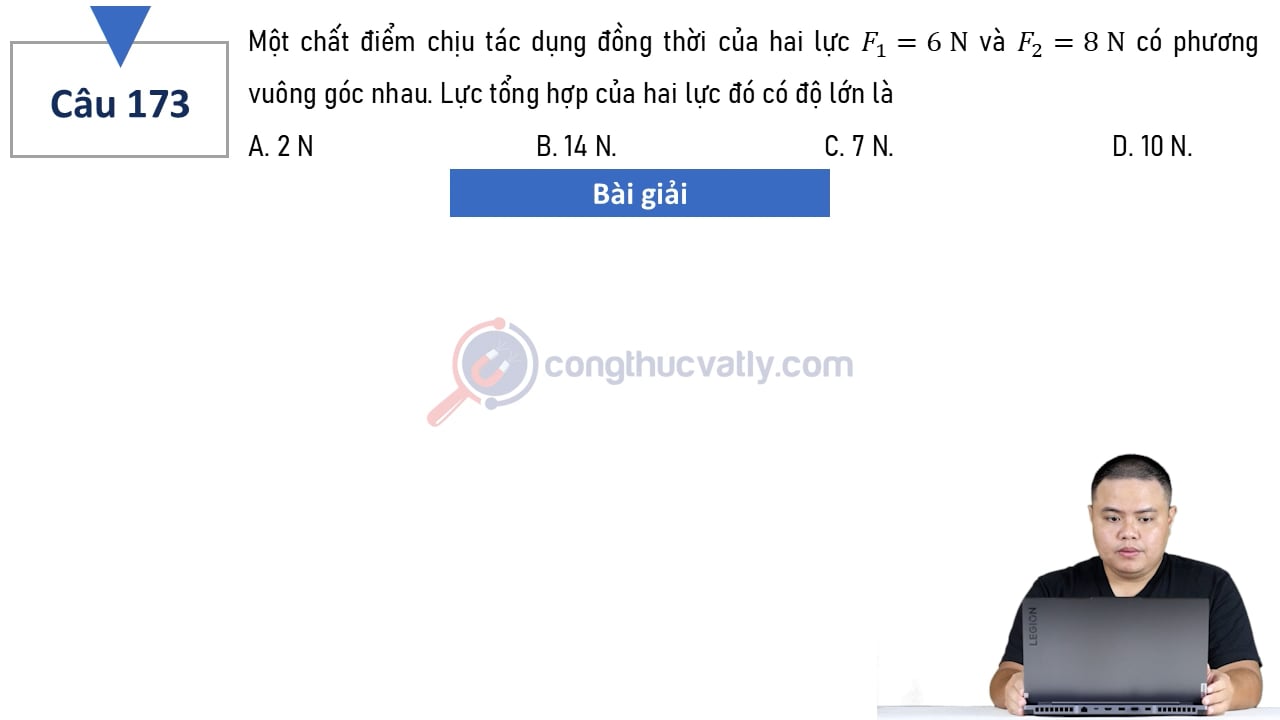 Một chất điểm chịu tác dụng đồng thời của hai lực F1 = 6 N và F2 = 8 N có phương vuông góc nhau. Lực tổng hợp của hai lực đó có độ lớn