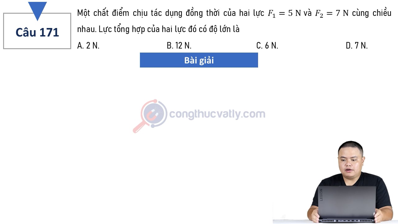 Một chất điểm chịu tác dụng đồng thời của hai lực F1 = 5 N và F2 = 7 N cùng chiều nhau.